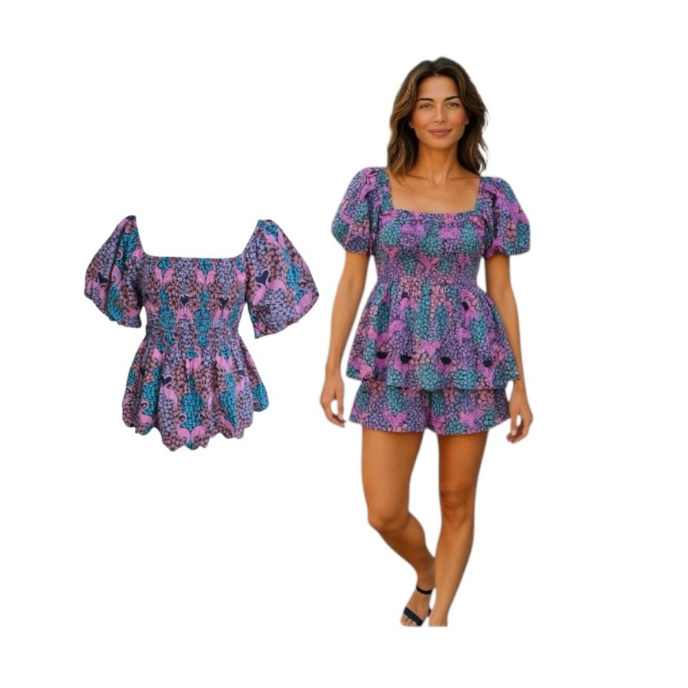 Simply Southern Scalloped Puff Sleeves Floral Flamingo Top